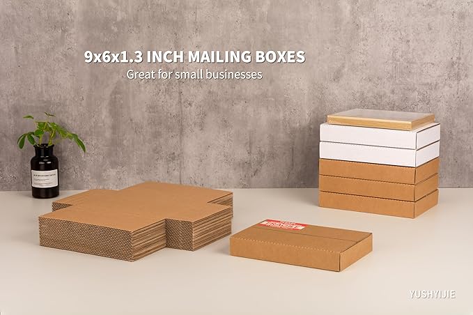 9x6x1.3 inch Small Shipping Boxes, Multi-Depth Flat Cardboard Boxes with Fragile Stickers for DVD Shipping, Packing, Moving, Storage, Brown, 25 Pack