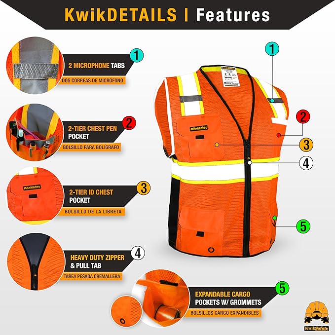 KwikSafety - Charlotte, NC - BIG KAHUNA Safety Vest [11 Pockets] Class 2 ANSI OSHA Reflective Vest Durable High Visibility Vest Construction Safety Vest for Men Industrial Work Gear/Orange 2XL