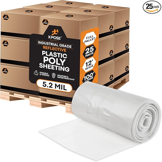 Xpose Safety Clear Plastic Sheeting (Bulk Half Pallet 25 Pack) – 12' x 100' Rolls – Heavy Duty 5.2 Mil Poly Sheet – Waterproof, Dustproof, Vapor Barrier – for Construction, Painting, Industrial Use