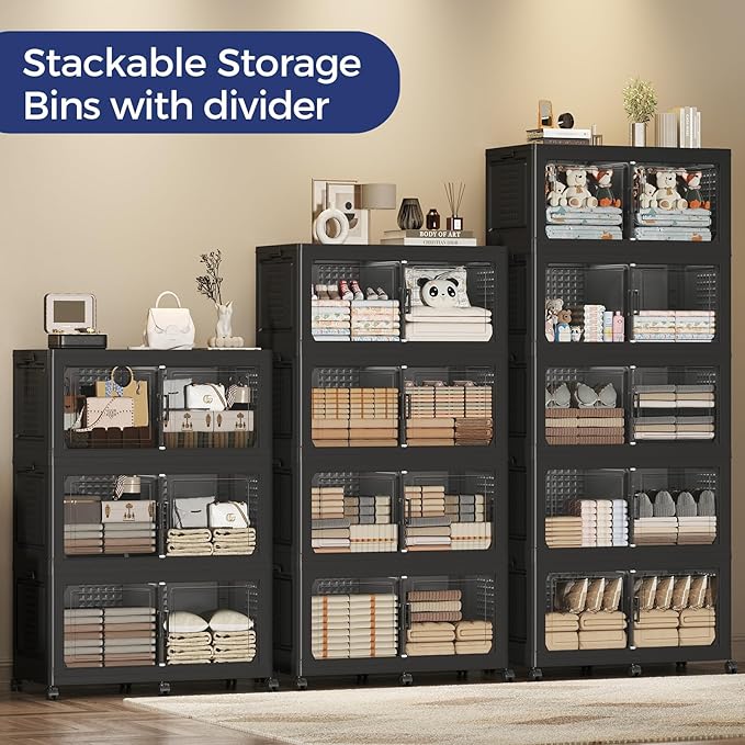 1000 QT Extra Large Stackable Storage Bins with Lid, 250 Gal Collapsible Storage Box with Wheels, Folding Closet Organizers and Storage Cabinet with Doors for Home Kitchen Office, 5Pack Black