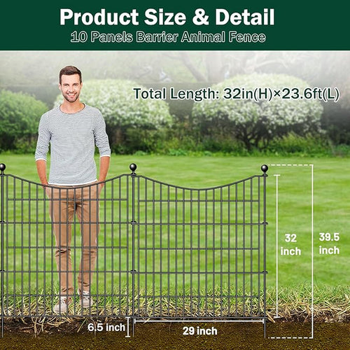10 Panels Decorative Garden Fence with Gate, 32 in(H) X 23.6 ft(L) No Dig Dog Fence Animal Barrier Outdoor for Yard, Rustproof Metal Garden Edging and Borders, Temporary Fencing Stakes