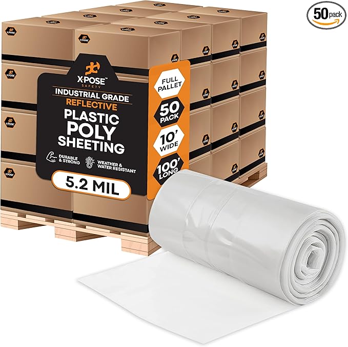 Xpose Safety Clear Plastic Sheeting (Bulk Full Pallet 50 Pack) – 10' x 100' Rolls – Heavy Duty 5.2 Mil Poly Sheet – Waterproof, Dustproof, Vapor Barrier – for Construction, Painting, Industrial Use