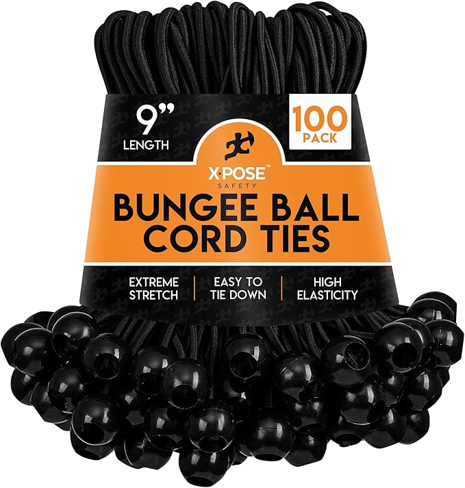 Xpose Safety Bungee Ball Cords 9" 100 Pack Heavy Duty Black Stretch Rope with Ball Ties for Canopies, Tarps, Walls, Cable Organization
