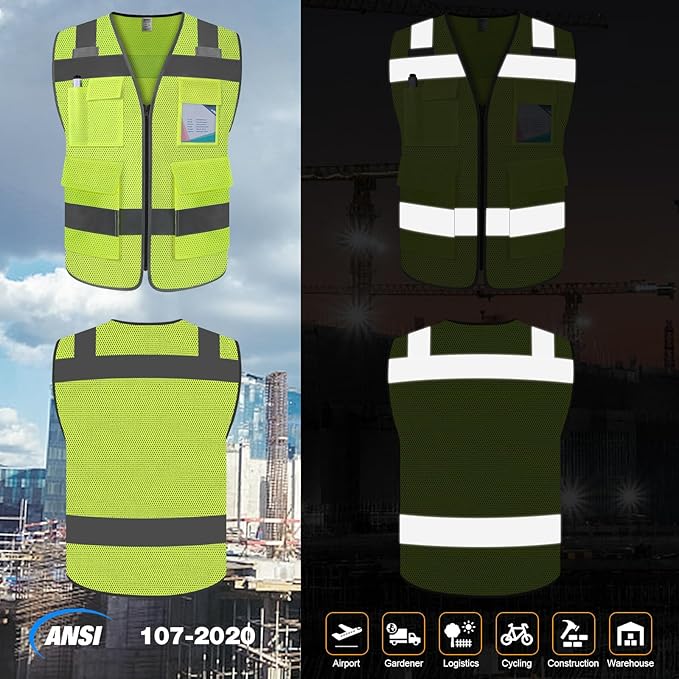 TCCFCCT Mesh Reflective Safety Vest with 5 Pockets High Visibility Vest for Men Women, Work Vest with Horizontal Strip for Walkie-talkie and ID Card, Meets ANSI/ISEA Standards, Yellow, 4XL