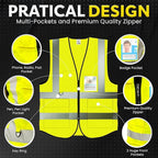 PeerBasics Safety Vest 5 Pack, Yellow, ANSI Class 2, Reflective, For Men Women Unisex, With Pockets Zipper, Breathable Mesh (Medium)