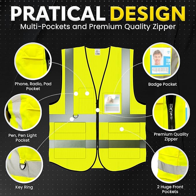 PeerBasics Safety Vest 10 Pack, Yellow, ANSI Class 2, Reflective, For Men Women Unisex, With Pockets Zipper, Breathable Mesh (X-Large)