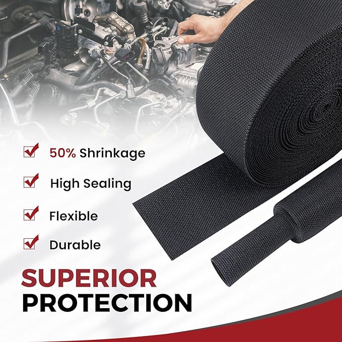 Heat Shrink Wire Loom 2:1 Shrinkable Braided Cable Sleeve 1-3/8 Inch ID-46ft Abrasion Protection Flexibility Fabric Wiring Harness Cover Sheath