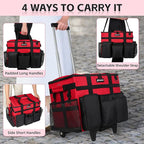 Rolling Cleaning Caddy Bag with Wheels, Large Cleaning Cart Detachable Trolley, Cleaning Bags for Housekeepers With Shoulder Strap & Multi Pockets for Cleaning Tools Storage (Red)