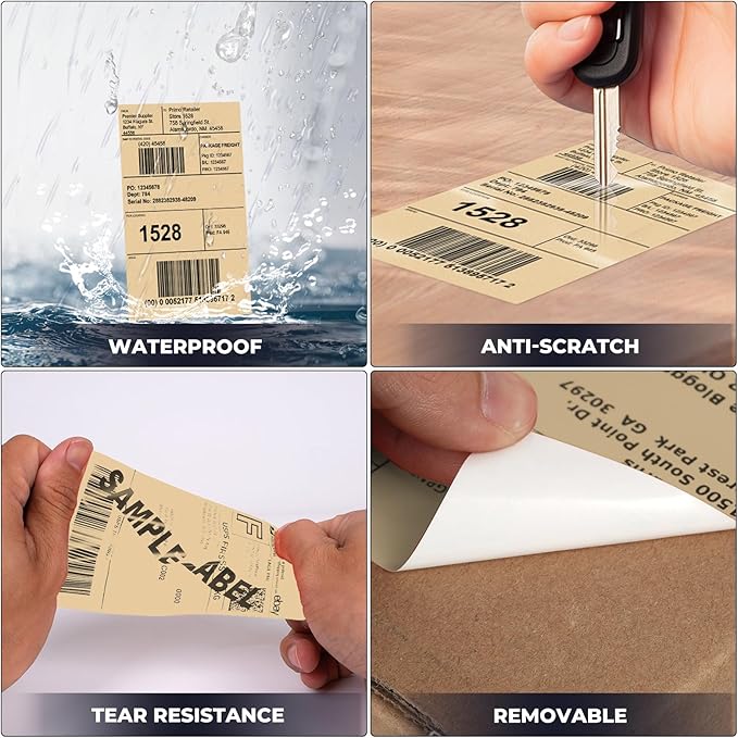 Khaki Thermal Labels 3 × 5 Inch Vinyl Self-Adhesive Fanfold Direct Shipping Stickers Waterproof Perforated Printer Decal for Office Warehouse Barcode 300 PCS