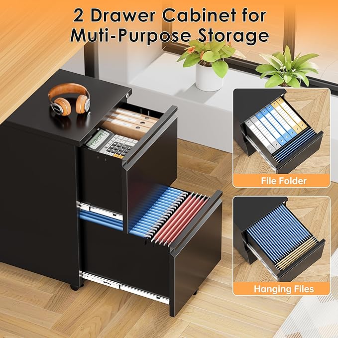 INTERGREAT 2 Drawer File Cabinet, Metal Filling Cabinet with Lock, Locking Office Mobile Cabinets with Wheels for Legal/Letter Size, Under Desk, Black