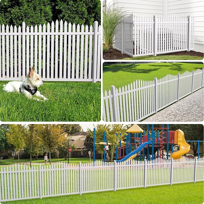 Patio Outdoor Fence 36"Hx84"L (6Sets) White Vinyl Picket Fence Panels Privacy Fence Decorative, PVC Garden Fence Temporary Fencing for Backyard Porch Dogs, Suitable for Soft Ground