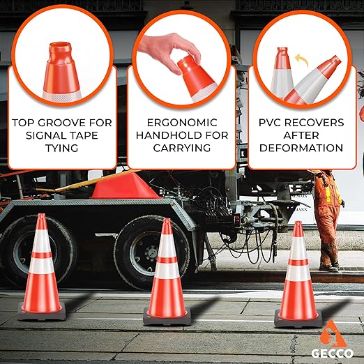 GECCO ™ (162 Cones per Pallet) 28 Inch 7 Lb Heavy Duty Orange Traffic Cones in Bulk | Durable Safety Cones, Orange Cones, Parking Cones, Construction Cones | PVC Plastic & Black Base - [PRO Series]