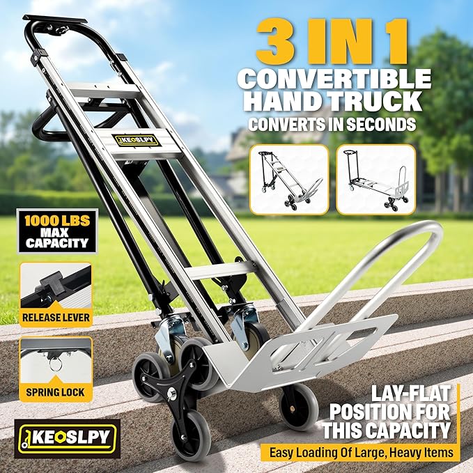 3 in 1 Industrial Convertible Hand Truck Dolly Heavy Duty, 1000LB Capacity Stair Climbing Dolly Cart, Aluminum Collapsible Utility Dolly with Wheels, 3 Positions for Transport, Moving