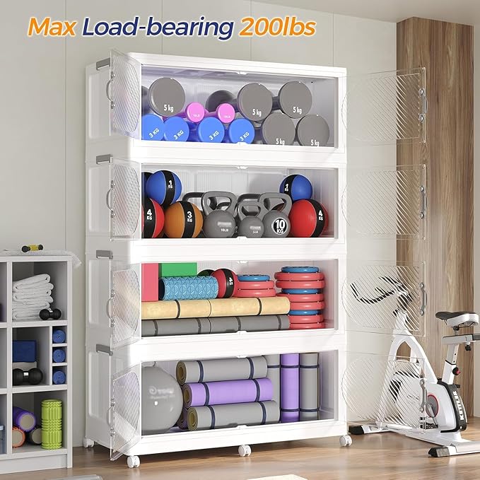 1200QT Plastic Stackable Storage Bins with Lid, 300GAL Extra Large Collapsible Box with Wheels Clear Door, Foldable Closet Organizer Container Cabinet Drawer for Home Kitchen，5Pack, White