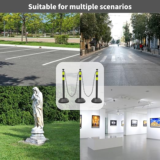 6 Pack Traffic Delineator Post Cones with Plastic Chain Crowd Control Barriers - Expandable 40" Traffic Control Cones, 6 x 6.6 Ft Chains for Indoor & Outdoor Use (Black-Water Filled Base)