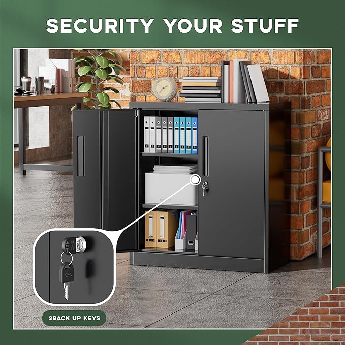 Greenvelly Metal Storage Cabinet, 36" Locking Storage Cabinet with Doors and Shelves, Lockable Storage Cabinets for Home Office, Utility Locker Cabinet, Steel Garage Cabinet with 2 Keys, Black