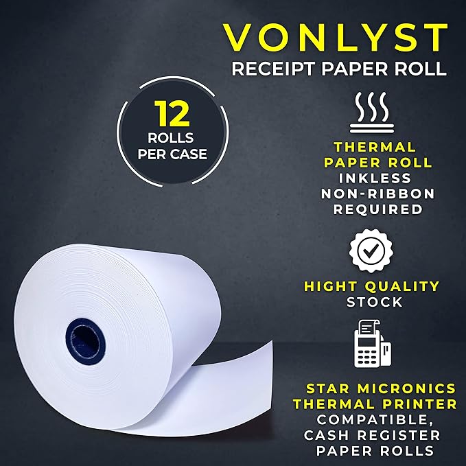 Receipt Paper Roll 3 1/8 x 230 for Square Register and Square POS System connected to Star Micronics Thermal Printer (Pack 12 rolls)