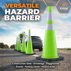 Xpose Safety 36” Lime Green Traffic Cone Dual 6" & 4" Reflective Collar – 8 Pack Multipurpose Premium PVC Safety Cone for Parking, Caution, Construction, Road Crews, Emergency Vehicle - DOT Approved