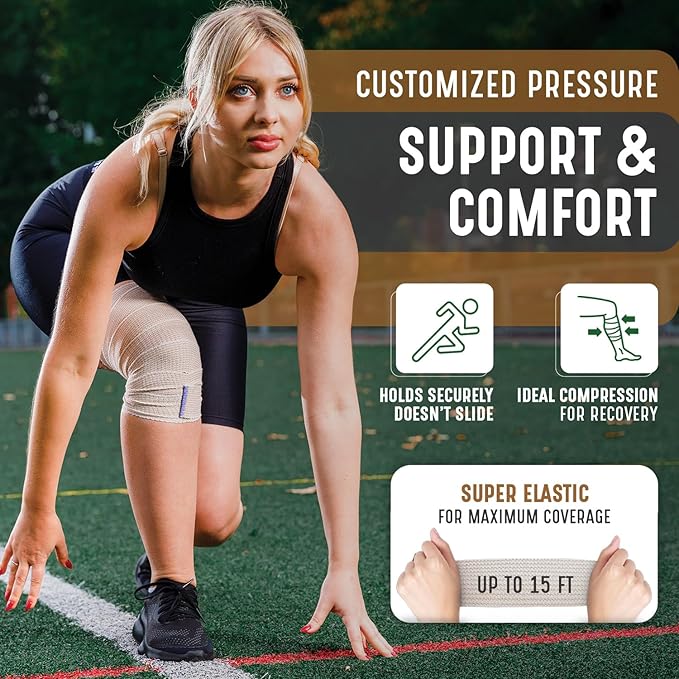 Premium Elastic Bandage Wrap (2” Wide, 4 Pack) - Nexskin Latex Free Athletic/Medical Compression Bandages Hook & Loop Fasteners at Both Ends - Lifetime Washable & Reusable Bandages