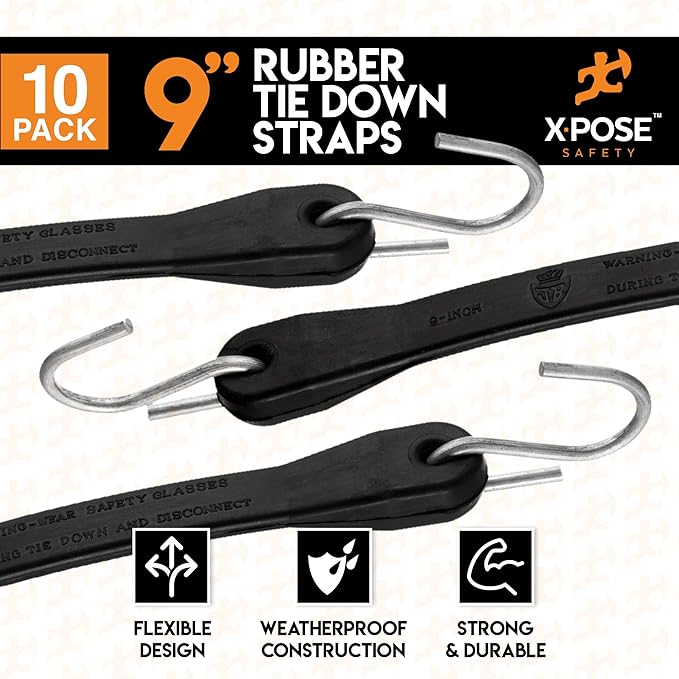 Rubber Bungee Cords with Hooks 10 Pack 9 Inch (14” Max Stretch) Heavy-Duty Black Tie Down Straps for Outdoor, Tarp Covers, Canvas Canopies, Motorcycle, and Cargo - by Xpose Safety