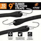 Rubber Bungee Cords with Hooks 10 Pack 9 Inch (14” Max Stretch) Heavy-Duty Black Tie Down Straps for Outdoor, Tarp Covers, Canvas Canopies, Motorcycle, and Cargo - by Xpose Safety