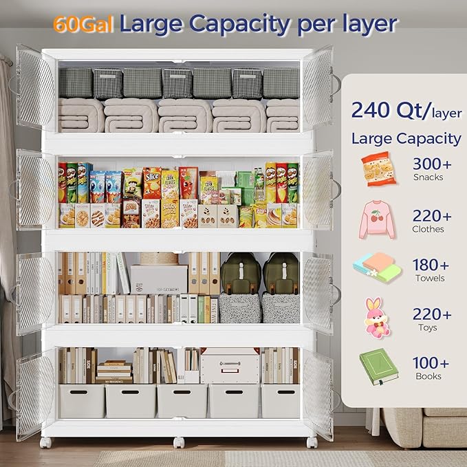 960QT Plastic Stackable Storage Bins with Lid, 240GAL Extra Large Collapsible Box with Wheels Clear Door, Foldable Closet Organizer Container Cabinet Drawer for Home Kitchen，4Pack, White