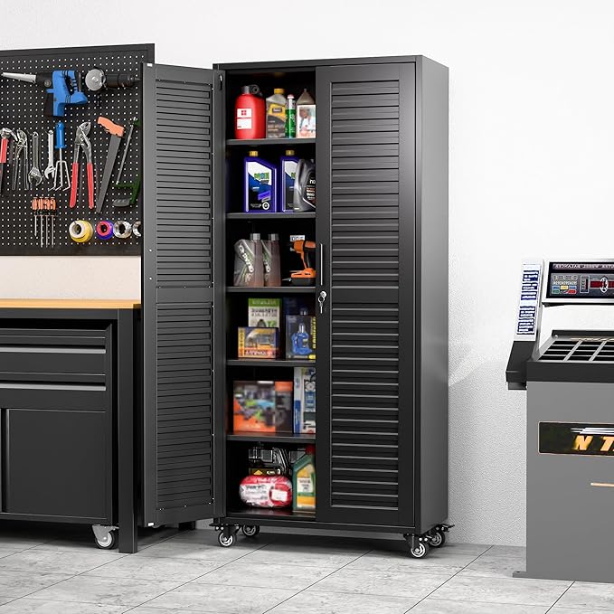 Aobabo 71H''*32''W*16''D Metal Garage Storage Cabinet with Wheels,5 Adjustable Shelves Steel Storage Cabinets for Home,Warehouse,Garage,Assembly Required,Black