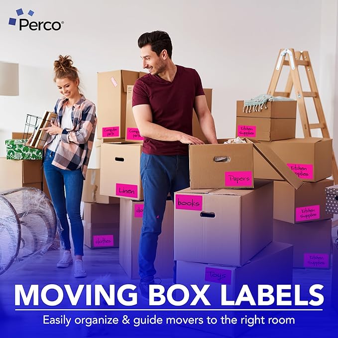 Perco Fluorescent Pink 3x5 Inch Perforated Sticker Labels — 150 Stickers/Roll — with Permanent Adhesive for Inventory Management, Color Coding, Moving Boxes, Retail, Organizing & Crafts — Made in USA