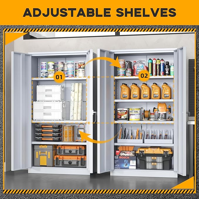 Greenvelly Metal Garage Storage Cabinet with 2 Doors and 4 Adjustable Shelves, 72”H Steel Lockable Storage Cabinet,Tall Metal Cabinet Locking File Cabinet for Office,Home, Garage, Gym, School