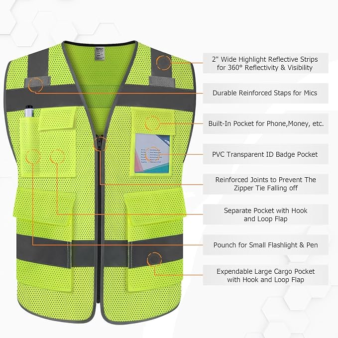 TCCFCCT Mesh Construction Vest 5 Pockets Reflective Safety Vest for Men Women, High Visibility Work Vest with Tabs for Walkie-talkie, Durable to Use, Meets ANSI/ISEA, Yellow, S
