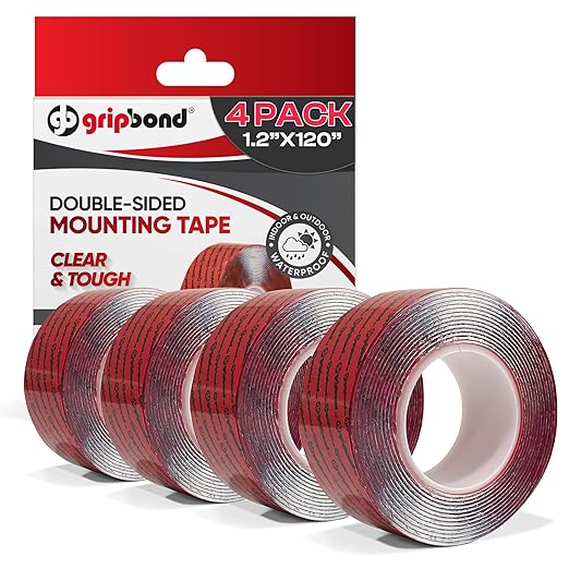 GripBond Clear Double Sided Tape, 4 Rolls (10 Ft), 1.2”x120” – Clear Mounting Tape for Hanging Picture, Poster, Carpet, Photo Decorations - Nano Adhesive for Home, Office, Indoor & Outdoor Use