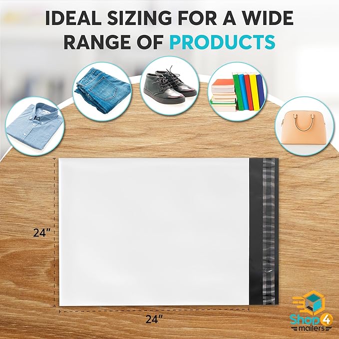 Shop4Mailers 24 x 24 Glossy White Plastic Self Seal Poly Mailer Flat Bags Waterproof Shipping Envelope 2.17 Mil for Apparel, Clothes, Shirts, Books – Permanent Adhesive Seal (250 Pack)