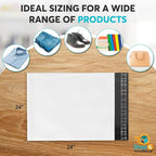 Shop4Mailers 24 x 24 Glossy White Plastic Self Seal Poly Mailer Flat Bags Waterproof Shipping Envelope 2.17 Mil for Apparel, Clothes, Shirts, Books – Permanent Adhesive Seal (250 Pack)