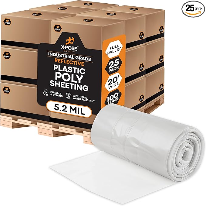 Xpose Safety Clear Plastic Sheeting (Bulk Half Pallet 25 Pack) – 20' x 100' Rolls – Heavy Duty 5.2 Mil Poly Sheet – Waterproof, Dustproof, Vapor Barrier – for Construction, Painting, Industrial Use