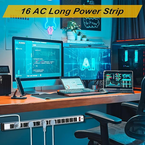 10-Pack Long Surge Protector Power Strip,16 Outlet Heavy Duty Power Strip Metal Power Bar,10 FT Long Extension Cord with Circuit Breaker for Garage,Workshop, 125V/1875W, ETL Listed, Silver