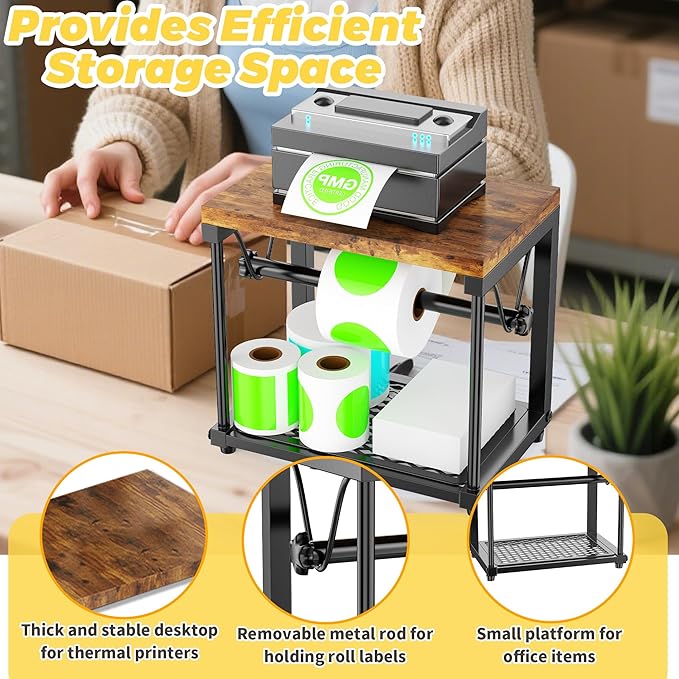 Label Holder for Rolls and Fan-Fold Labels, Wooden Sticker Dispenser for Desktop Thermal Printer, Sticker Roll Holder Organizer, Shipping Label Stand for Home, Office, Small Business (Black)