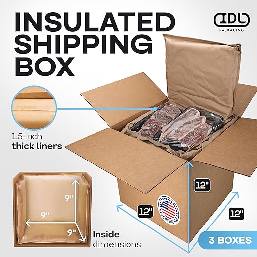 Insulated Thermal Shipping Boxes 12"x12"x12", Pack of 3 - USA-Made Cold Food Shipping Box 3.6-Gallon Capacity with Thermal Paper Liners, Absorb Condensation – Ideal for Frozen Food by IDL Packaging