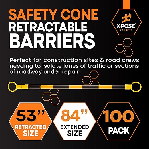 Retractable Barrier for Safety Traffic Cones - 2" OD - Large Yellow and Black Bar Barricade - for Road Construction, Parking, Warning, Temporary Security Divider (100, Yellow & Black, 53" x 84")
