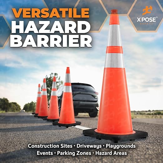 Xpose Safety 36 Inch Orange Traffic Cones with 6" & 4" Collars, 24-Pack - Multipurpose PVC Plastic Safety Cone for Parking, Soccer, Caution, Kids and Construction - DOT Approved