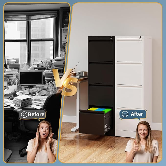4 Drawer File Cabinet with Lock, Vertical Filing Cabinets for Home Office, Metal Storage Cabinets, Heavy Duty File Cabinet for Letter/Legal/A4/F4 Size Amssebly Required, White