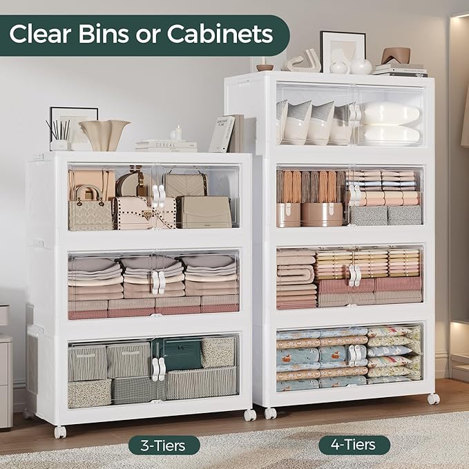 900QT Extra Large Stackable Storage Bins with Lid, 225Gal Collapsible Closet Organizer Box with Wheels, Folding Plastic Storage Cabinet with Doors for Home Kitchen Office Dorm, 5Pack White