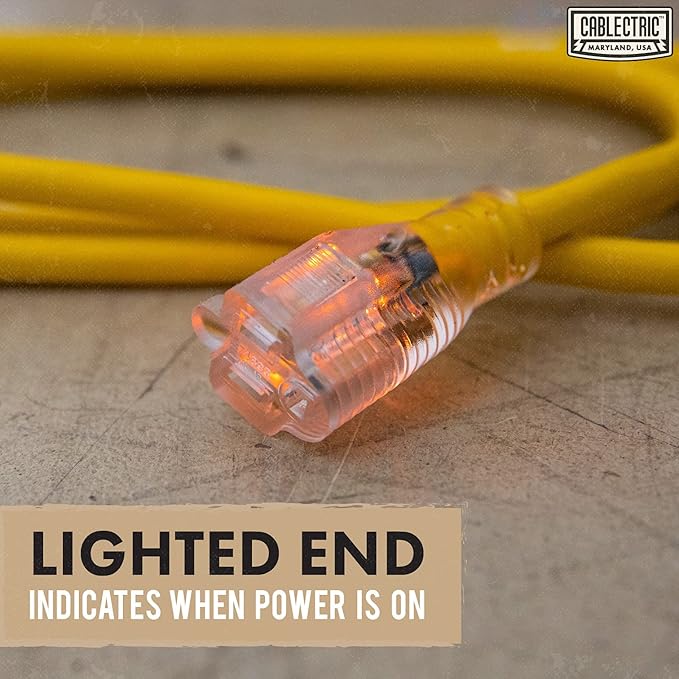 25 Ft Outdoor Extension Cord - 15 Amp 12/3 SJTW Heavy Duty Yellow 12 Gauge Lighted Electrical Cable with 3 Prong Grounded Plug