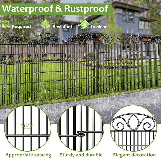5 Panels No Dig Decorative Garden Fence with Gate – 28" H X 9.8' L Rustproof Metal Dog Fence Outdoor for Yard, Animal Barrier Fence for Pet, Garden Border, Patio, Flower | Temporary Fencing