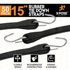 Rubber Bungee Cords with Hooks 50 Pack 15 Inch (23” Max Stretch) Heavy-Duty Black Tie Down Straps for Outdoor, Tarp Covers, Canvas Canopies, Motorcycle, and Cargo - by Xpose Safety