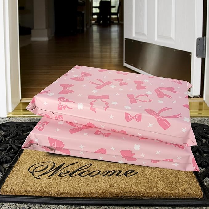 Poly Mailers 14.5x19 Inch 50 Pcs - Pink Bow printed Shipping Bags, 2.4mil Thickness, Waterproof and Tear Resistant Mailing Envelopes, Self-Sealing Packaging Bags for Small Business