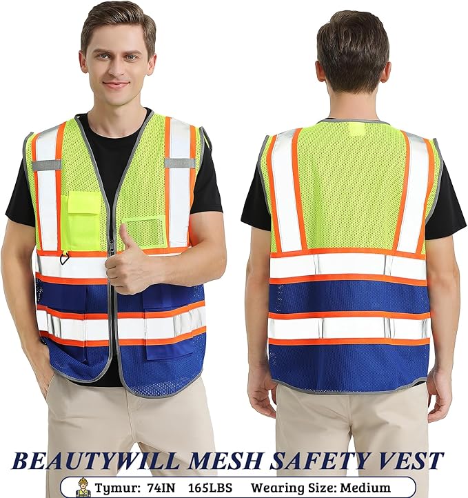 BeautyWill Custom Safety Vest Customized Logo Mesh Vest Class2 High Visibility Reflective Vest with Pockets Blue workwear（Yellow Blue，M ）