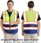 BeautyWill Custom Safety Vest Customized Logo Mesh Vest Class2 High Visibility Reflective Vest with Pockets Blue workwear（Yellow Blue，M ）