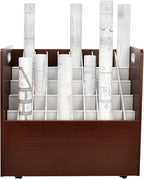 Adir Blue Print Storage Organizer - Mobile Roll File Cart, Construction Plan Holders, Blueprint Cabinet with Wheels, Roll Files Storage for Office and Home (50 Slots, Mahogany)