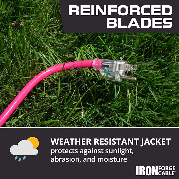 Iron Forge Cable Weatherproof 50 Ft Outdoor Extension Cord - 16/3 SJTW 13 Amp Heavy Duty Neon Pink Extension Cord 3 Prong - Lighted End