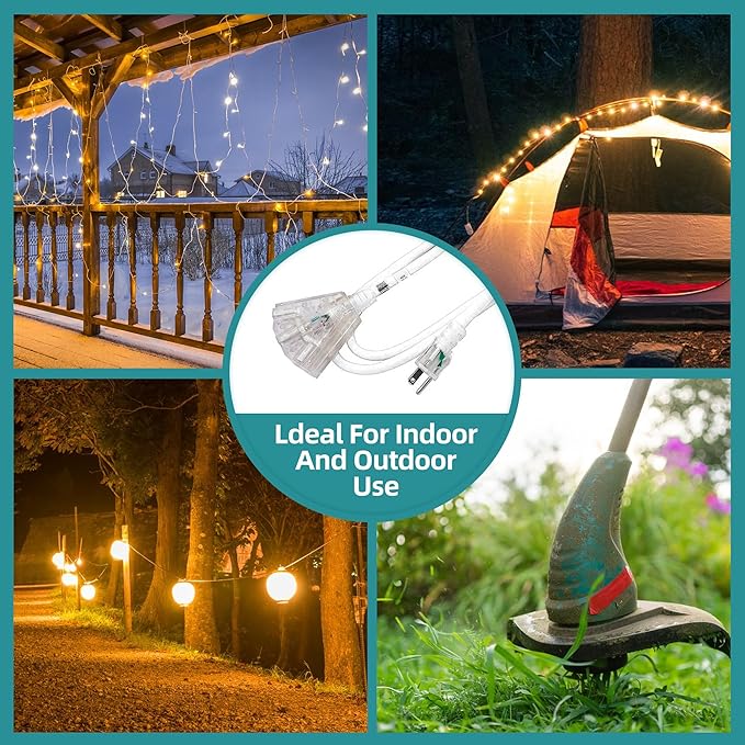 3-Outlets Indoor Outdoor Extension Cord Weatherproof with Lighted End, UL Listed, 14 Gauge 20FT White 3 Prong Heavy Duty, 14/3 SJTW 15A Power Cord